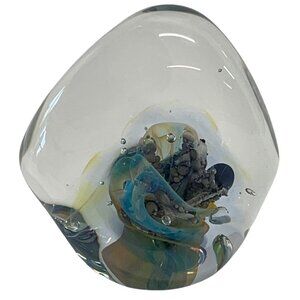 Seegers Fein Handblown Glass Paperweight Swirling Blues Greens Abstract 1992